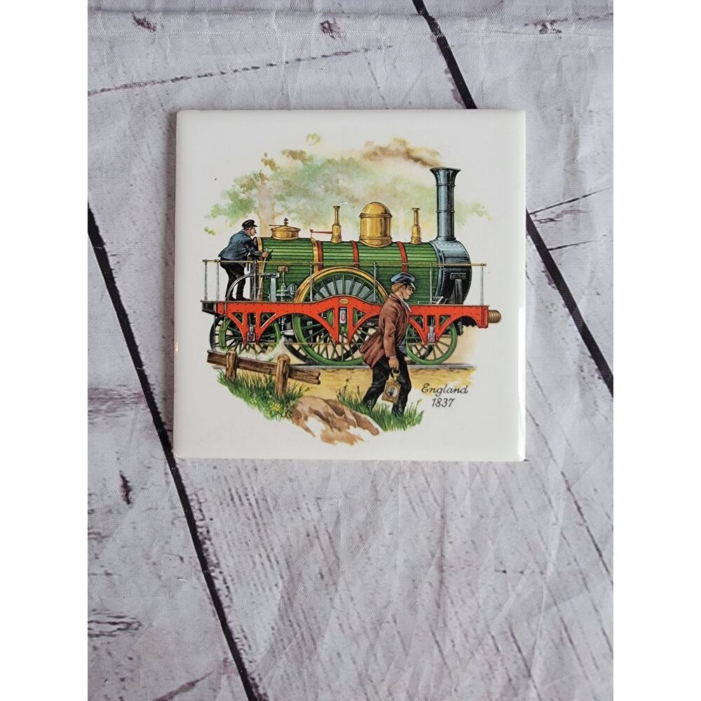 Vintage Porcelain Tile 1837 England Steam Engine Train Trivet Wall Decor